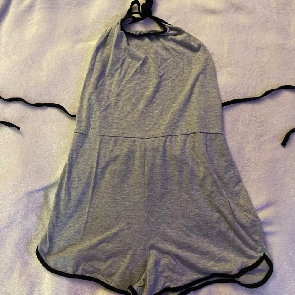 Gray Halter Romper with Black Trim